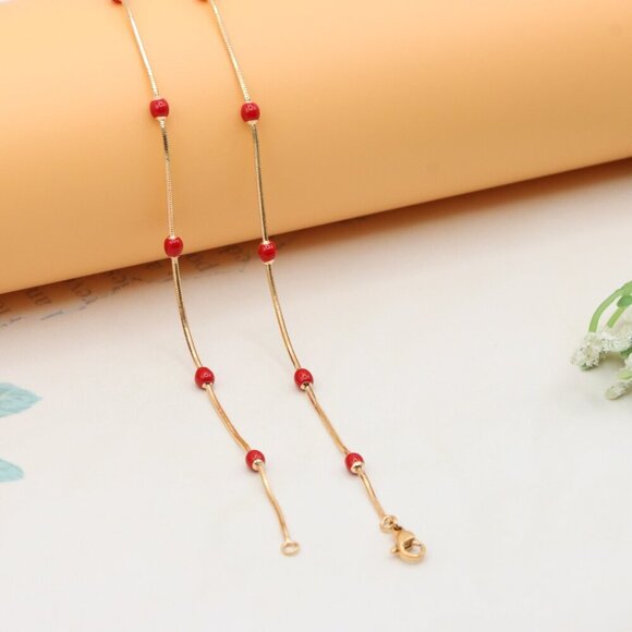 "Delicate Yellow Gold Plated Necklace with Red Beads, XPNL0302 - Picture 10 of 12
